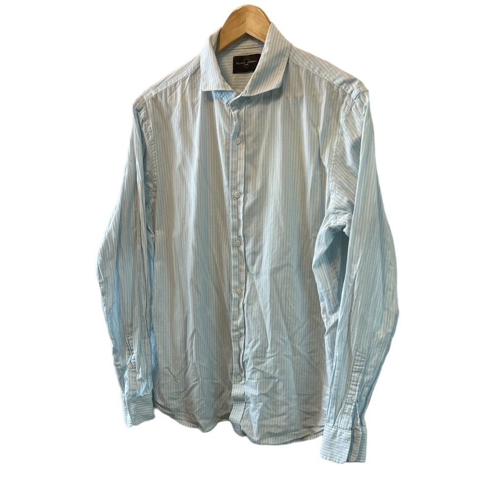MENS White & Light Blue Long Sleeve Button Up Collared Lightweight Dress Shirt L